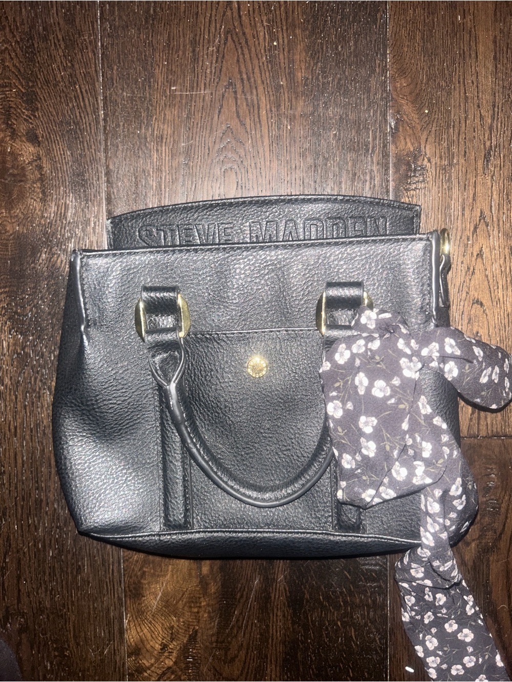 Steve Madden Black Pebbled Leather Satchel with Floral Scarf Accent